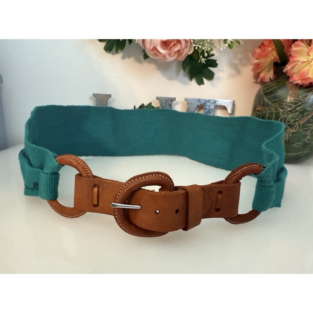 80s Hand Painted 3"‎ Waist Belt Teal Fish Multi Handmade Leather Buckle M/L 30" - Picture 13 of 16